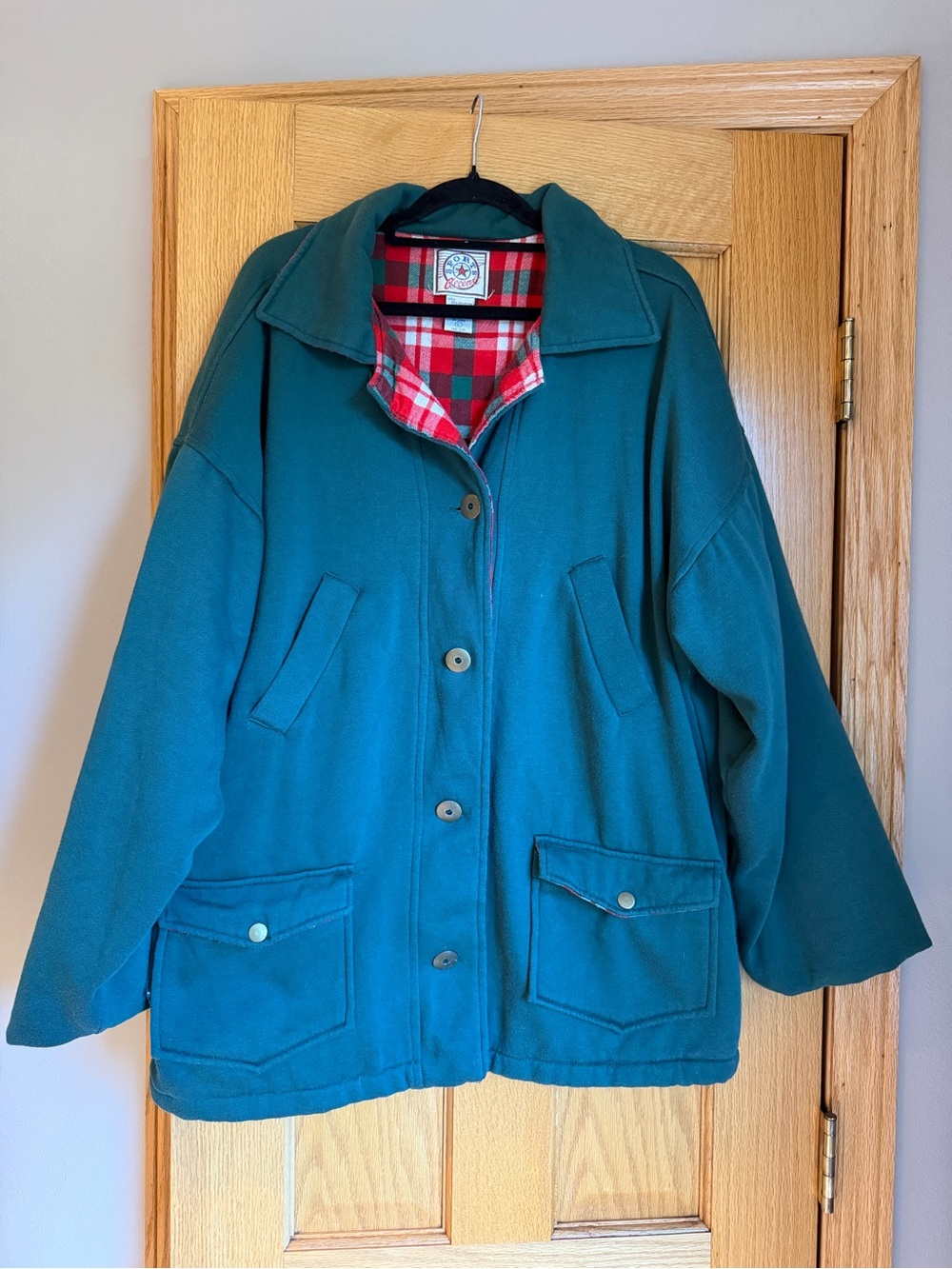 Vintage Sports Accent Teal Blue Barn Jacket Plaid Lined Coat Utility Women Large
